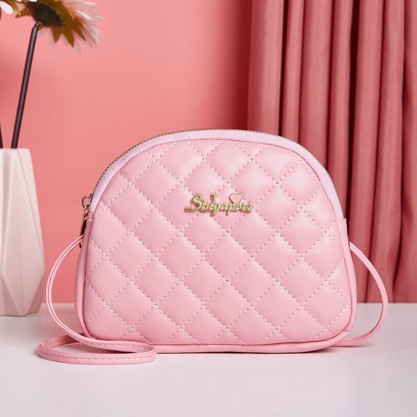 

Metal Letter Decor Quilted Dome Bag, Pink