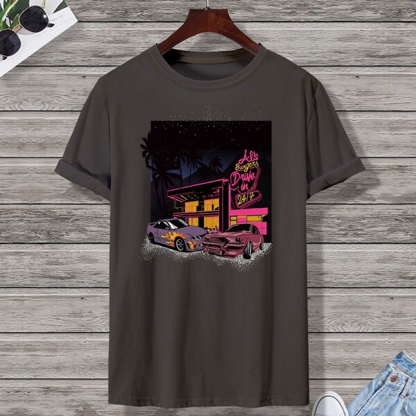 

Men Car And Letter Graphic Tee, Dark grey