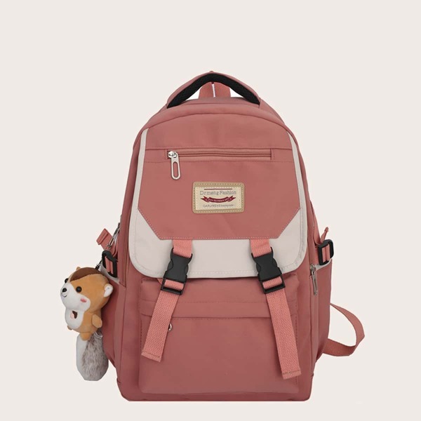 

Buckle Decor Backpack With Bag Charm, Pink
