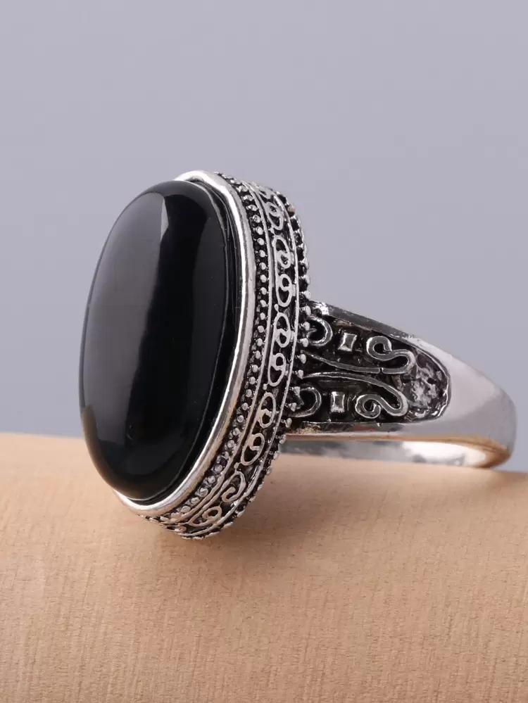 1pc Black Long Oval Striped Ring For Both Male & Female, With Antique Silver Plated Gemstone Ring For Couples (black/blue)