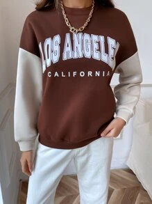 SHEIN Unity 字母圖案撞色落肩袖套頭衫 - 咖啡棕 - 查看 2