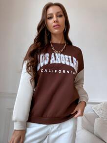 SHEIN Unity 字母圖案撞色落肩袖套頭衫 - 咖啡棕 - 查看 4