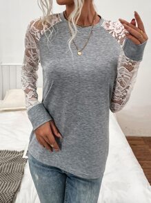 SHEIN LUNE Contrast Lace Raglan Sleeve Tee - Grey - View 4