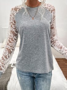 SHEIN LUNE Contrast Lace Raglan Sleeve Tee - Grey - View 5