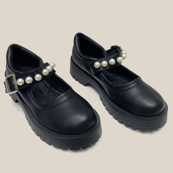 

Faux Pearl Flatform Mary Jane Shoes, Black