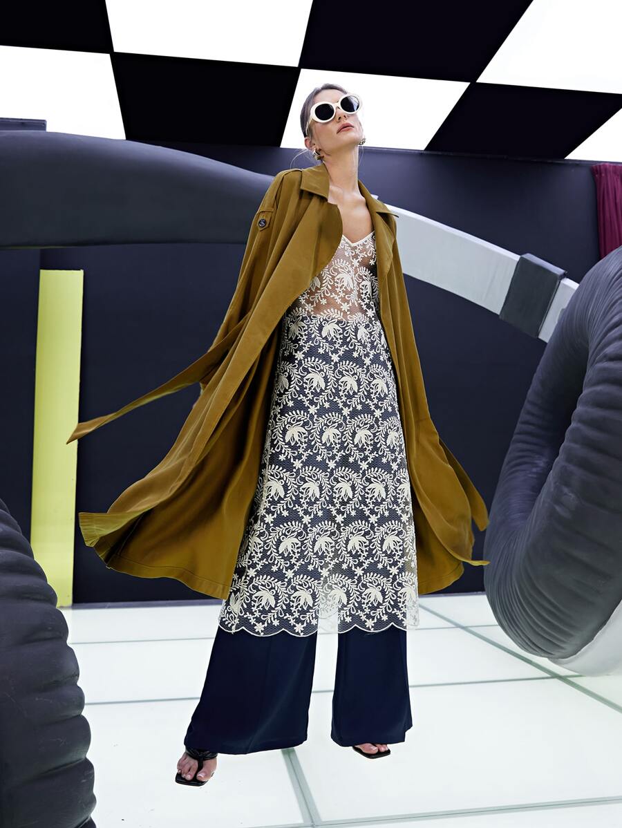 SHEIN Unity 斜口袋腰帶風衣外套 - 橄欖綠 - 查看 1