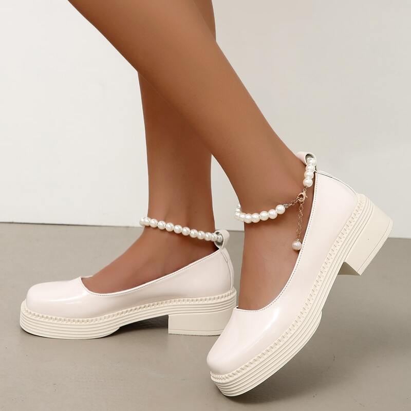 

Faux Pearl Decor Chunky Court Heels, White