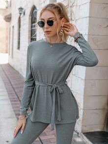 Simplee Split Hem Belted Top & Leggings - Grey - View 3