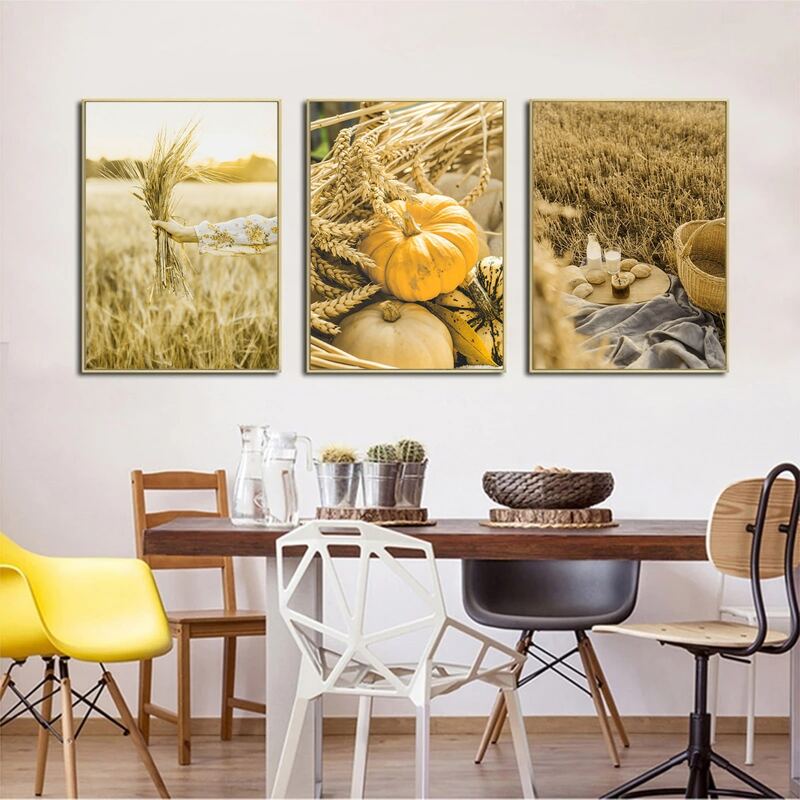 

3pcs Pumpkin Print Unframed Painting, Yellow