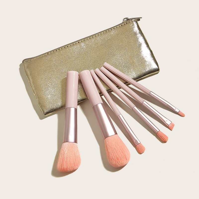 

6pcs Makeup Brush Set & 1pc Storage Bag, Baby pink
