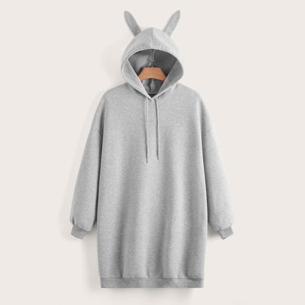 

Plus 3D Ear Design Drawstring Thermal Hoodie Dress, Grey
