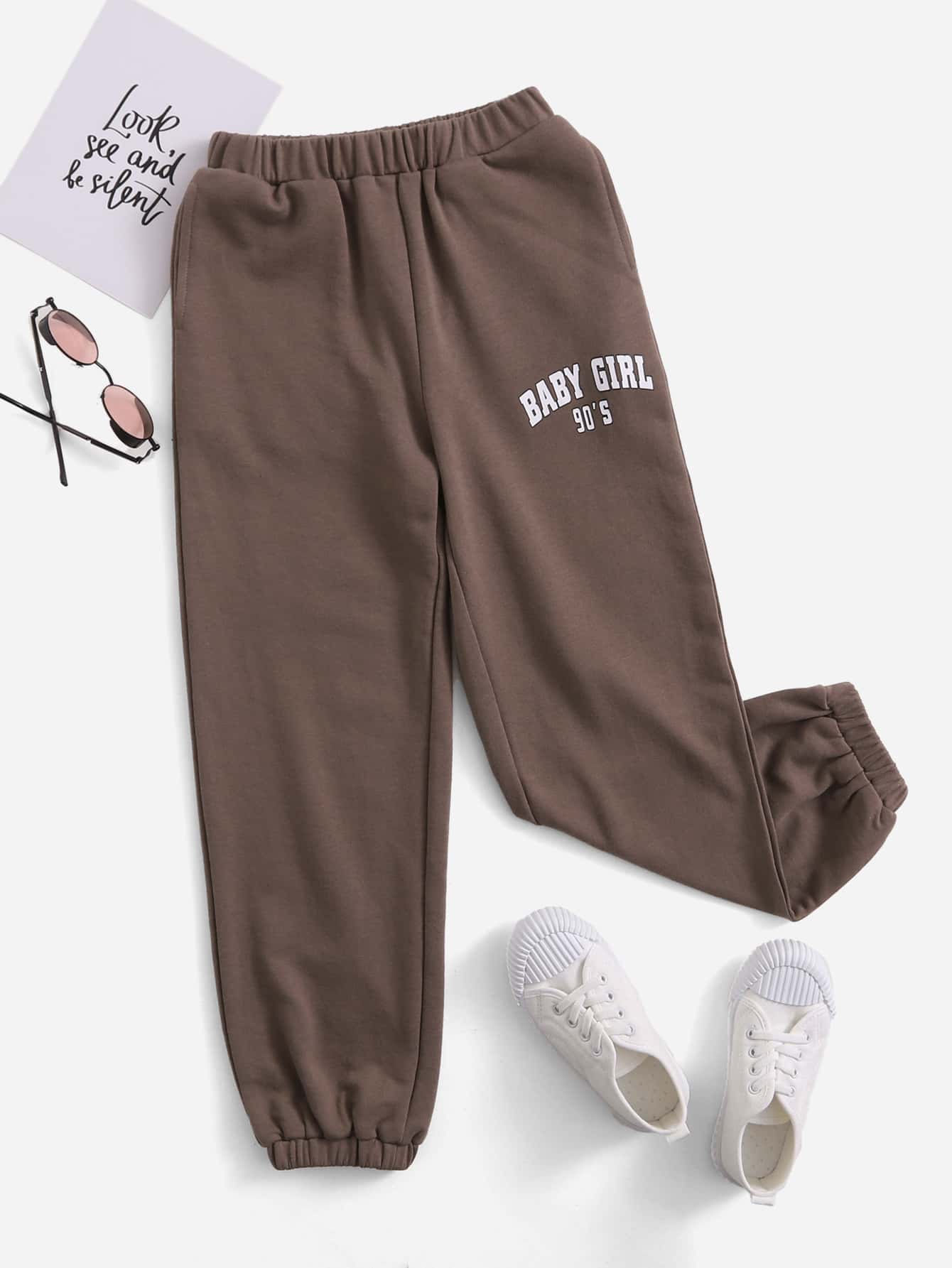 SHEIN Quần thể thao Con gái Túi Lá thư - Màu nâu  Mocha - Xem 1