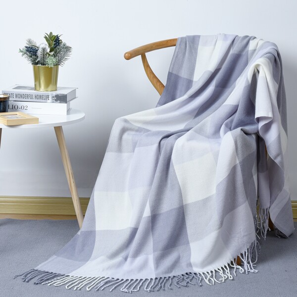 

1pc Plaid Pattern Tassel Throw, Light grey
