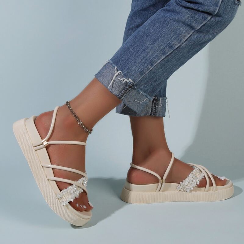 

Faux Pearl Decor Platform Sandals, Beige