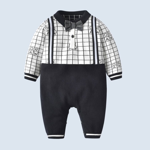 

Baby Plaid Contrast Collar Bow Front Jumpsuit, Black and white