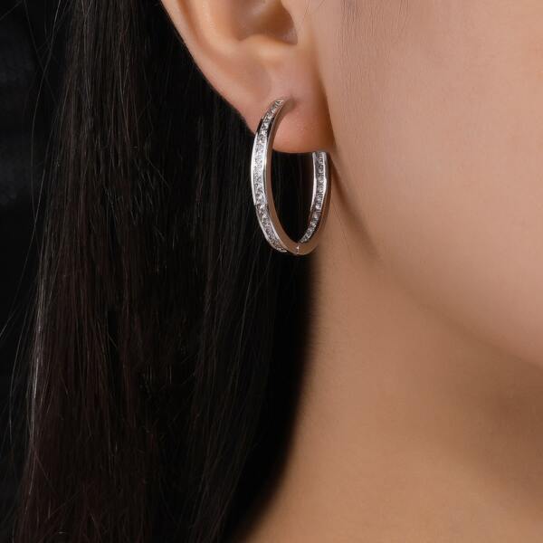 

Zircon Decor Hoop Earrings, Silver