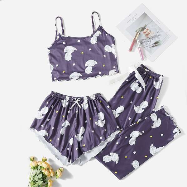 

3pcs Cartoon Rabbit & Star Print Lettuce Trim PJ Set, Purple