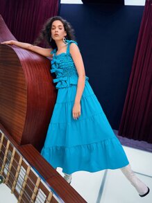 SHEIN de hombros con cordón fruncido con lazo delantero Top de tirantes & bajo con fruncido Falda - Agua verde azul - Ver 4