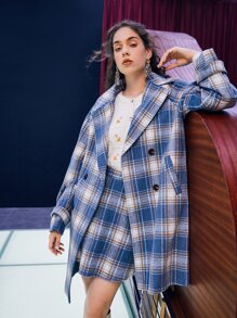 SHEIN Unity Tartan Double Breasted Raglan Sleeve Overcoat - Dusty Blue - View 2