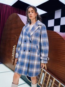SHEIN Unity Tartan Double Breasted Raglan Sleeve Overcoat - Dusty Blue - View 4
