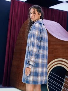 SHEIN Unity Tartan Double Breasted Raglan Sleeve Overcoat - Dusty Blue - View 5