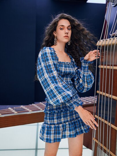 SHEIN VCAY Shirred Layer Frill Ruffle Hem Square Neck Dress