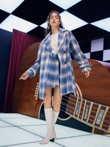 SHEIN Unity Tartan Double Breasted Raglan Sleeve Overcoat - Dusty Blue - View 7
