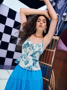 SHEIN Floral Print Tie Front Cami Top - Blue and White - View 1