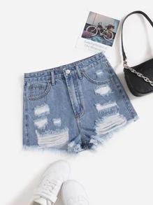 Shorts en mezclilla bajo crudo roto - Lavado ligero - Ver 1