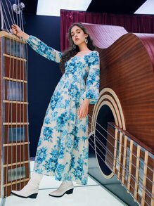 SHEIN Floral Print Lantern Sleeve Ruffle Hem Dress - Blue and White - View 1