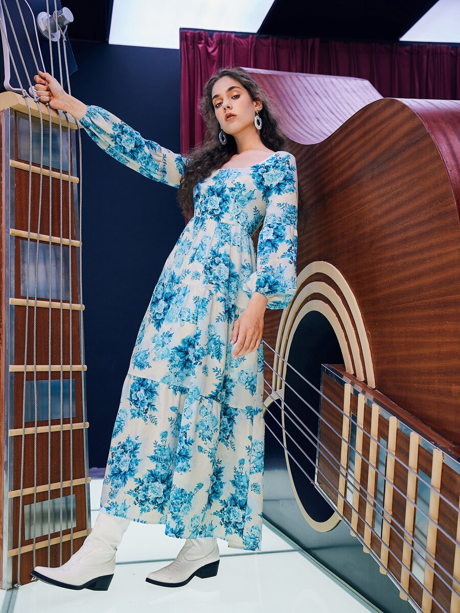 SHEIN Floral Print Lantern Sleeve Ruffle Hem Dress - Blue and White - View 1