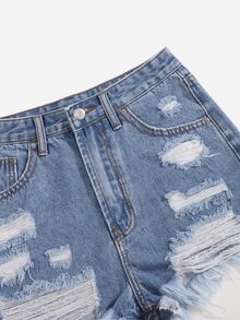 Shorts en mezclilla bajo crudo roto - Lavado ligero - Ver 3