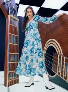 SHEIN Floral Print Lantern Sleeve Ruffle Hem Dress - Blue and White - View 2