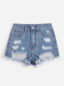 Shorts en mezclilla bajo crudo roto - Lavado ligero - Ver 4
