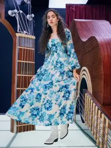 SHEIN Floral Print Lantern Sleeve Ruffle Hem Dress - Blue and White - View 3