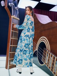 SHEIN Floral Print Lantern Sleeve Ruffle Hem Dress - Blue and White - View 4