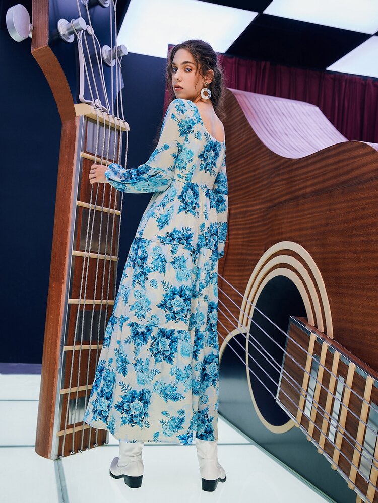 SHEIN 印花燈籠袖荷葉邊洋裝 - 藍白色 - 查看 4