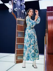 SHEIN Floral Print Lantern Sleeve Ruffle Hem Dress - Blue and White - View 5