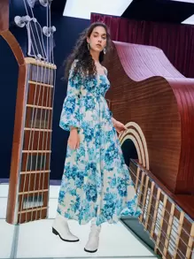 SHEIN Floral Print Lantern Sleeve Ruffle Hem Dress - Blue and White - View 6