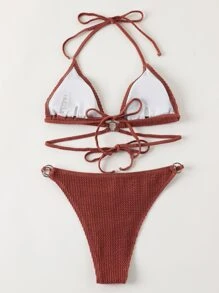 SHEIN Swim Summer Beach Textured Bikini Set Ring Linked Halter Bra & Cheeky Bottom 2 Piece Bathing Suit - Rust Brown - View 2