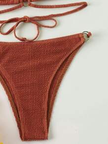 SHEIN Swim Summer Beach Textured Bikini Set Ring Linked Halter Bra & Cheeky Bottom 2 Piece Bathing Suit - Rust Brown - View 3