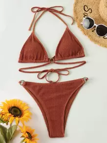SHEIN Swim Summer Beach Textured Bikini Set Ring Linked Halter Bra & Cheeky Bottom 2 Piece Bathing Suit - Rust Brown - View 5