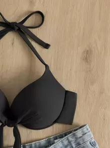 SHEIN Swim Áo Tops Bikini Nữ màu trơn Thanh lịch - màu đen - Xem 3