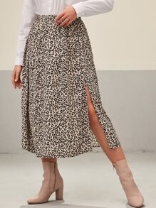 Mulvari Plus Leopard Print Slit Skirt - Multicolor - View 1