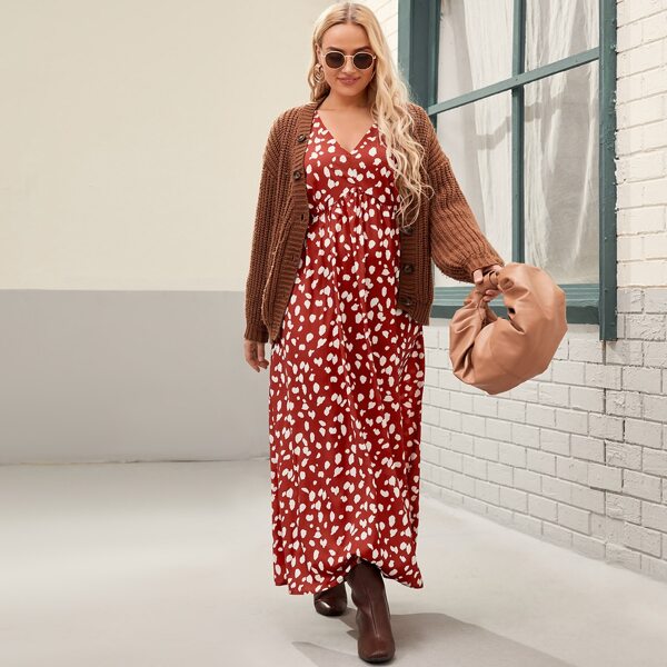 

Plus Dalmatian Print V Neck Dress, Red