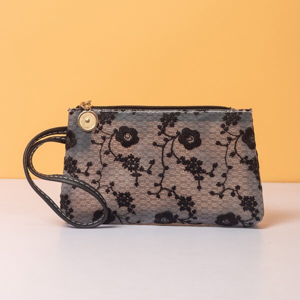 

Floral Embroidered Wristlet Bag, Black