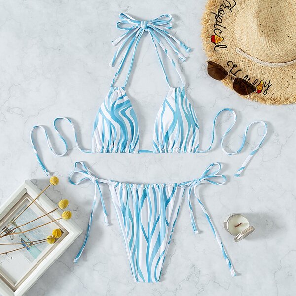 

Wave Print Triangle Tie Side Bikini Swimsuit, Blue and white