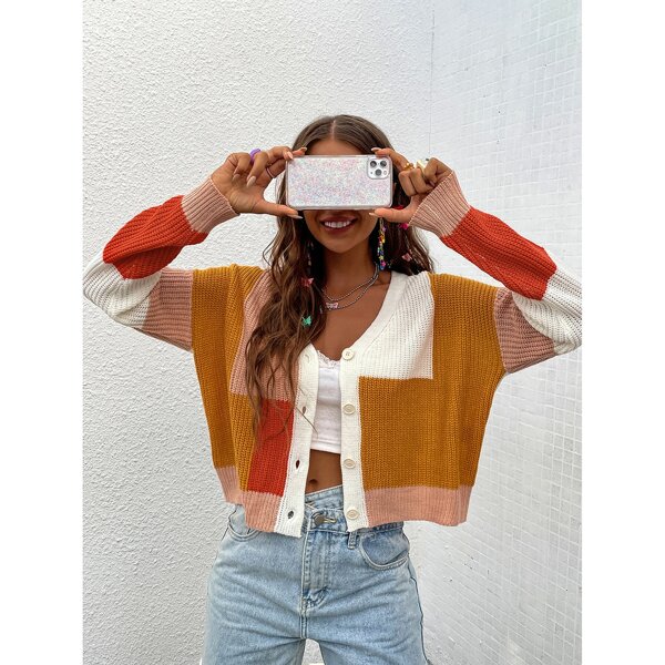 

Colorblock Drop Shoulder Button Up Cardigan, Multicolor