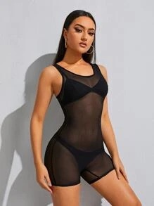 SHEIN Essnce Áo liền quần Tương phản Mesh cắt màu trơn Gợi cảm - màu đen - Xem 1