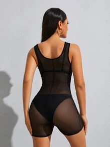SHEIN Essnce Áo liền quần Tương phản Mesh cắt màu trơn Gợi cảm - màu đen - Xem 2